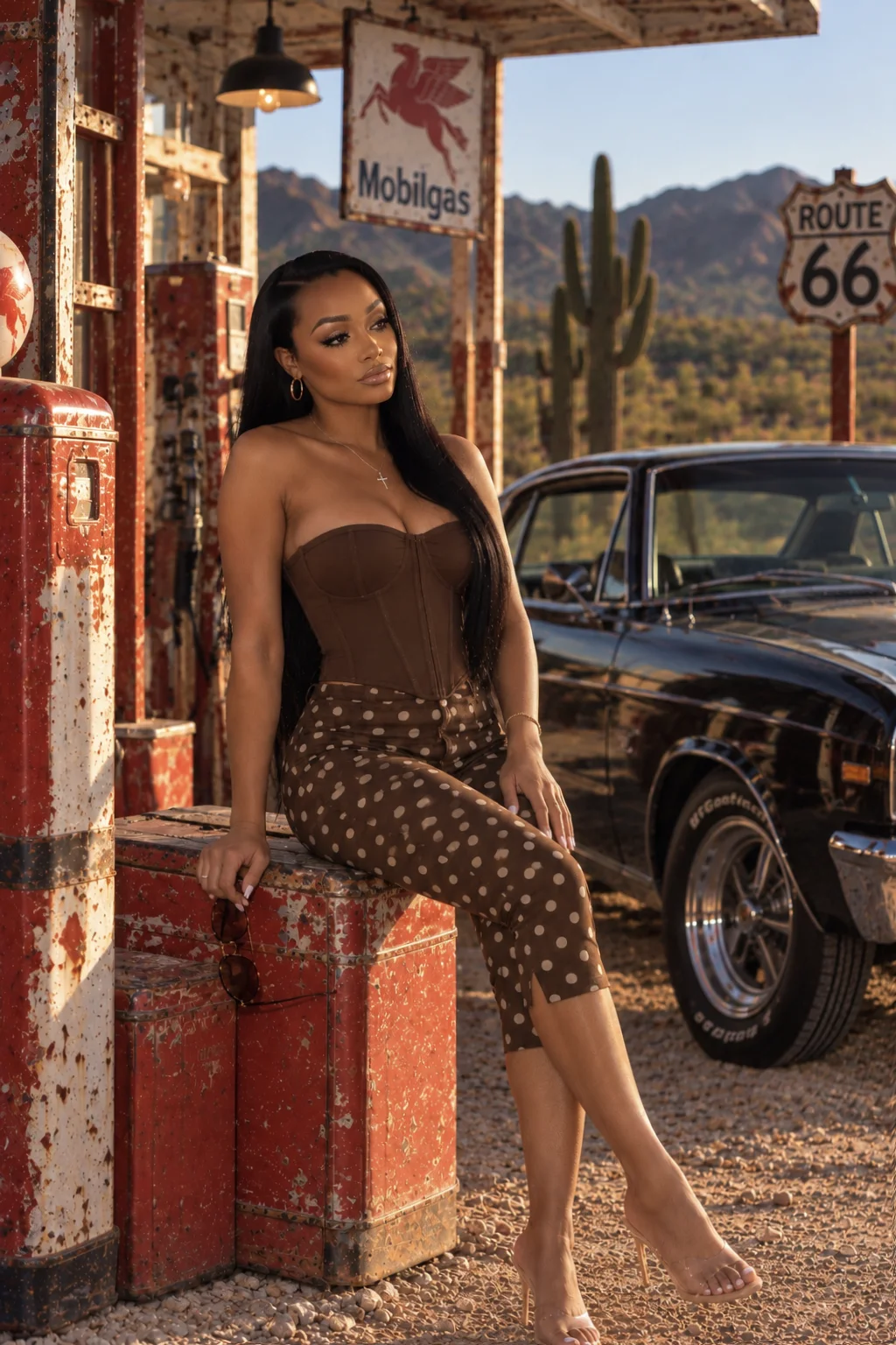Everything Glam campaign: seated at a Route 66 gas station at golden hour